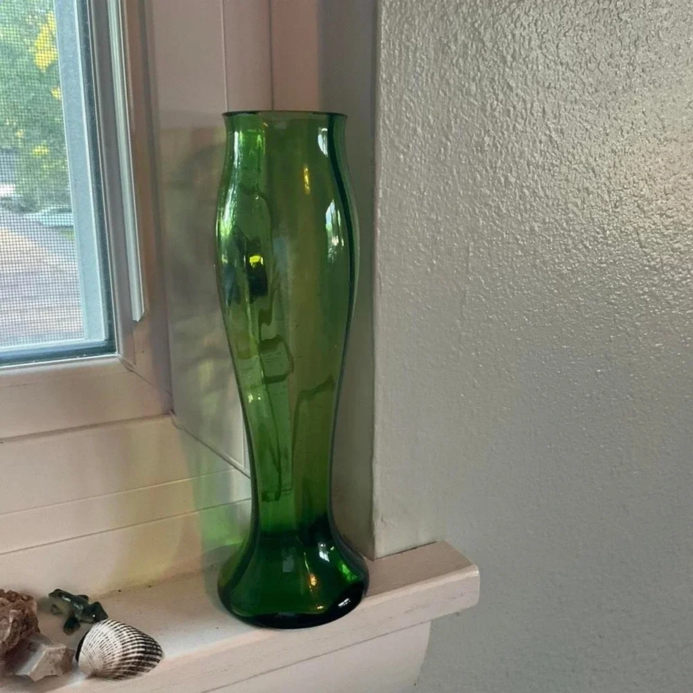 Vintage Green 1970s Handpainted Bottle Vase Gold Design Upcycled Retro Fairy